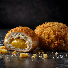 Chicken Kiev delight with crispy breading and creamy center