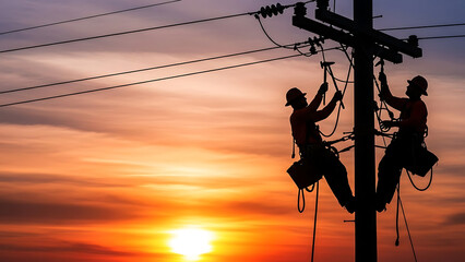 Two electricians working on power lines at sunset  