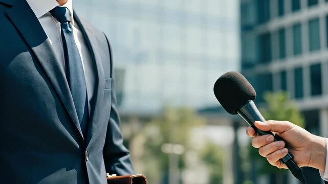 Businessman being interviewed by a reporter with a microphone outdoors. Anonymous corporate executive in a suit giving a statement to the press in the city