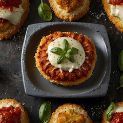 Juicy chicken parmigiana topped with creamy sauce and fresh basil