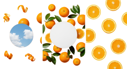 Vibrant triptych of whole oranges, slices, leaves, and curly peels with graphic circular cutouts to blue sky and clean copy space, professional studio, fresh citrus vitality