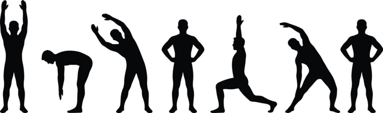 Silhouettes of People Performing Stretching and Warm-Up Poses for Fitness, Exercise Routines, and Physical Wellness Guides