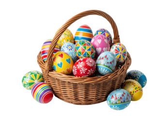 Traditional wicker basket overflowing with hand-painted Easter eggs, vibrant stripes, pastel hearts, geometric, townscapes, on transparent background, festive Easter celebration atmosphere.