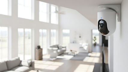 Security camera mounted on wall overlooking modern living room  
