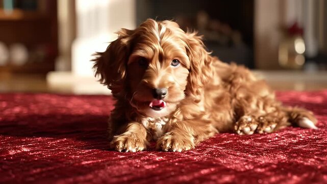 Adorable Cocker Spaniel Puppy Relaxing on a Plush Red Carpet Indoors Pet Content