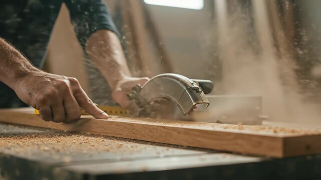 Close-up of a woodworker cutting a wooden plank with a circular saw. Sawdust flying in a workshop. Professional carpentry and craftsmanship concept