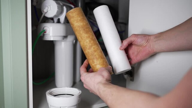 Professional plumber hands replacing a dirty, rusty water filter cartridge with a new clean one under the kitchen sink. Home maintenance of a reverse osmosis water purification system