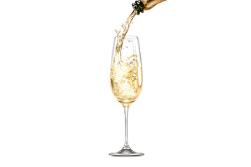 Pouring Sparkling Champagne from Bottle into Glass with Bubbles, isolated on a transparent background.