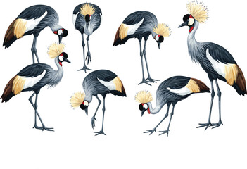 Fototapeta premium Crowned crane vector illustration set showing elegant African birds in different poses isolated on white background