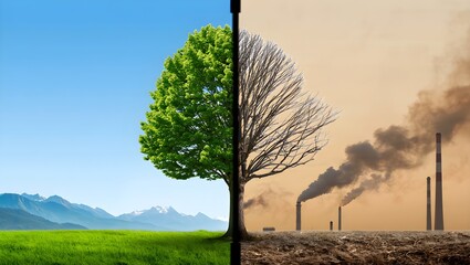 Contrast between nature and pollution a dying tree versus a vibrant forest, representing environmental concerns and climate change impact