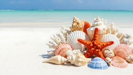 Colorful seashells and starfish arranged on sandy beach background  