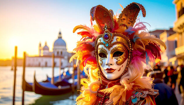Venezianischer Karneval: Maskenkost&uuml;m am Wasser bei Sonnenuntergang mit Gondel-Flair