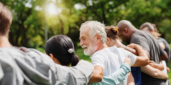 Elderly man and diverse people hugging each other. Diverse group of women and men embrace each other at park. Unity and teamwork. Backside of old man and friends standing in row huddle on green grass.