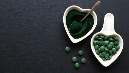 Spirulina powder and pills in heart-shaped bowls on black background  