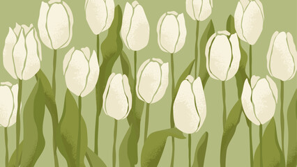 Botanical horizontal Background with blooming white tulips. Abstract flowers with hand drawn textures for the design of postcards, invitations, banners, congratulations on Women's Day, Mother's Day