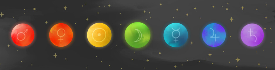Colorful Astrological Planet Symbols Banner