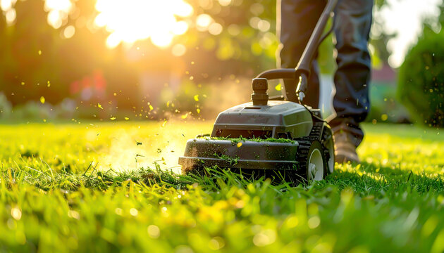 Vertikutierer beim Vertikutieren des Rasens im Garten im Gegenlicht