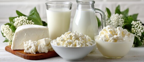 Milk and cottage cheese on wooden board in kitchen bright design with white cabinets and blurred background showcasing fresh dairy products