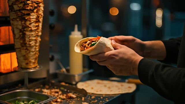 Close-up of chef hands wrapping a fresh chicken shawarma with vegetables. Cook preparing a delicious doner kebab sandwich in a restaurant kitchen. Street food cooking concept