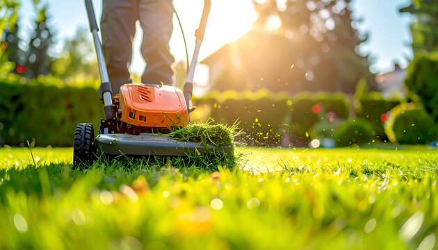 Vertikutierer beim Vertikutieren des Rasens im Garten im Gegenlicht