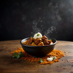 Rich steaming bowl of thick curry with aromatic spices and herbs