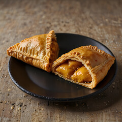 Golden flaky curry puff with savory filling on a rustic plate