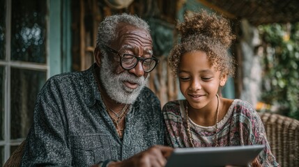 Joyful Moments Between Grandfather and Granddaughter with Tablet