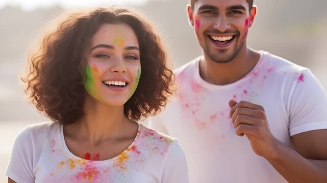 Colorful Holi Festival Celebration of Couples Playing Gulaal