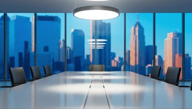 An empty modern conference room with a large table and panoramic city skyline view