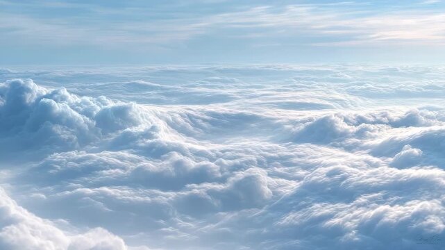Cloudscape Sky Blue White Fluffy Soft Clouds Fill Sky Tranquil Dreamy Atmosphere, Creating Peaceful Serene Landscape with Gentle Sunlight and Layers of Fluffy Clouds Under Blue Sky Evoking Sense