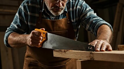 A skilled carpenter sawing a wooden plank with a handsaw. Close-up of a craftsman working in his workshop. Manual labor and traditional woodworking concept