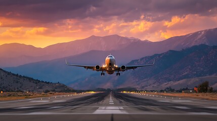 A commercial airplane taking off from a runway, silhouetted by a beautiful sunset over mountains