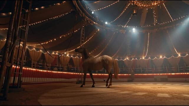 Brown horse walking in the spotlight of an empty vintage circus arena