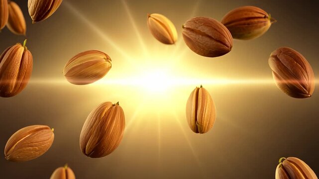 Pistachio nuts are floating in the air, illuminated by a bright light that creates a glowing effect. The scene highlights the texture and color of the pistachio nuts against the backdrop.
