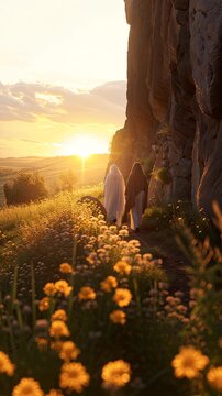 Bible Easter A peaceful and hopeful image of Mary Magdalene and other women approaching the empty tomb of Jesus at sunrise.