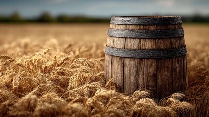 Obraz premium Wooden barrel resting in a golden wheat field under a cloudy sky, showcasing the beauty of nature and agricultural life, symbolizing harvest and abundance in rural settings