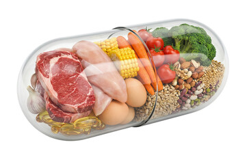 Transparent Capsule Filled with Fresh Foods Including Meat, Vegetables, and Grains Symbolizing Nutrition