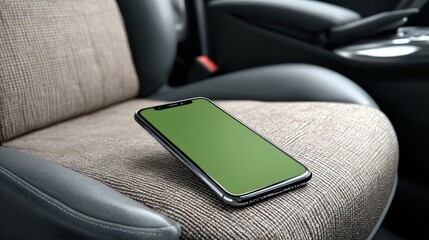 Smartphone mock up with green screen placed on textured fabric seat in modern vehicle interior, showcasing design potential and copy space for creative projects
