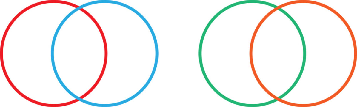 four overlapping circles in two pairs of red blue and green orange
