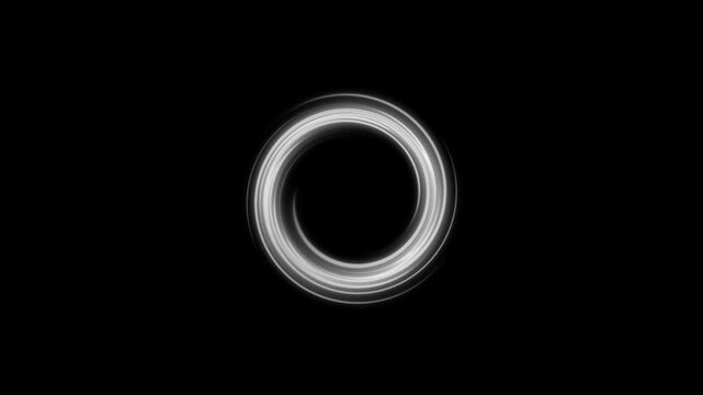 Circle rotation of frame with shining effects on black screen background. A glowing circle effect with glitter swirl line around a dark core. vivid circle colorful light trails with Alpha channel,  4K