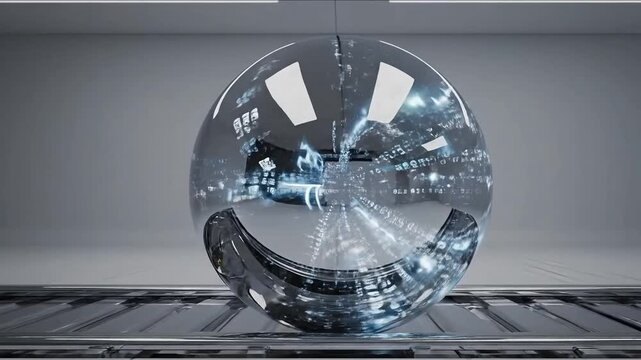 Futuristic Liquid Mercury Sphere Rolling Along Abstract Rails