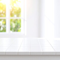 Fototapeta premium A bright, airy room features a sleek white table adorned with a small potted plant, while an open window invites fresh air and sunlight inside.