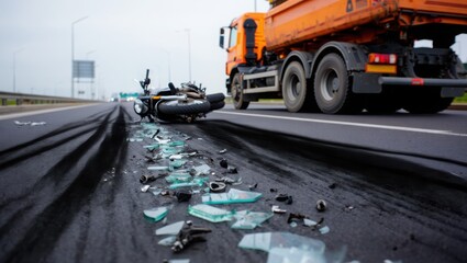 Fototapeta premium Broken glass and debris on a road with a large orange truck
