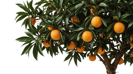 Abundant cluster of ripe bright oranges hanging heavily from a dense tree canopy with deep green glossy leaves on transparent background