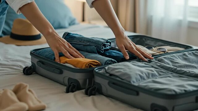 Close-up of hands packing clothes into a suitcase on a bed. Person folding jeans and organizing luggage for a vacation trip. Travel preparation concept