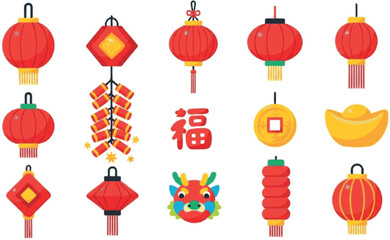 Naklejka premium Collection of Traditional Chinese New Year Decorations Including Lanterns Firecrackers Coins and Dragon Head