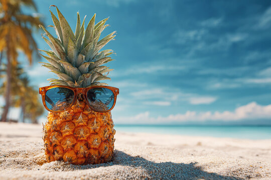 A cool pineapple wearing sunglasses rests on a sandy beach with palm trees and a blue sky in the background a symbol of summer fun