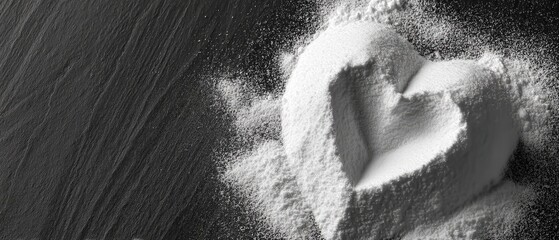 White powder symbol for dental caries shaped like a heart on black background with cracks in flat lay style for Valentine's Day concept