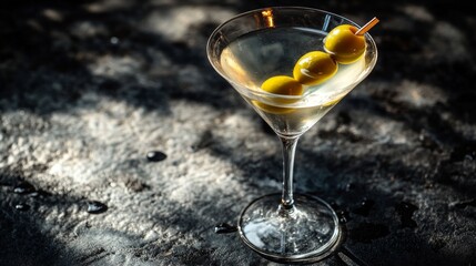 A cocktail with olives on a stone surface conveys style and sophistication for use as a main background in bar menus or alcoholic beverage advertising.