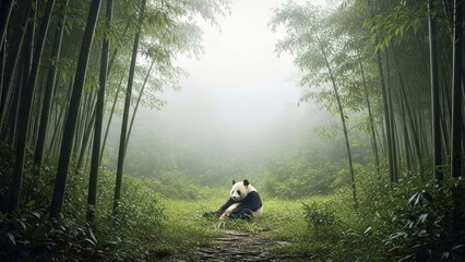 Giant Panda Resting In Misty Bamboo Forest Conservation Scene China